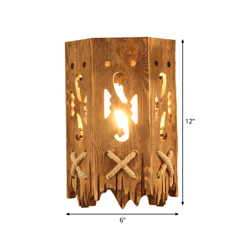 Wood Cylinder Shade Wall Lamp Country Stylish 1 Head Brown Wall Sconce Fixture for Restaurant