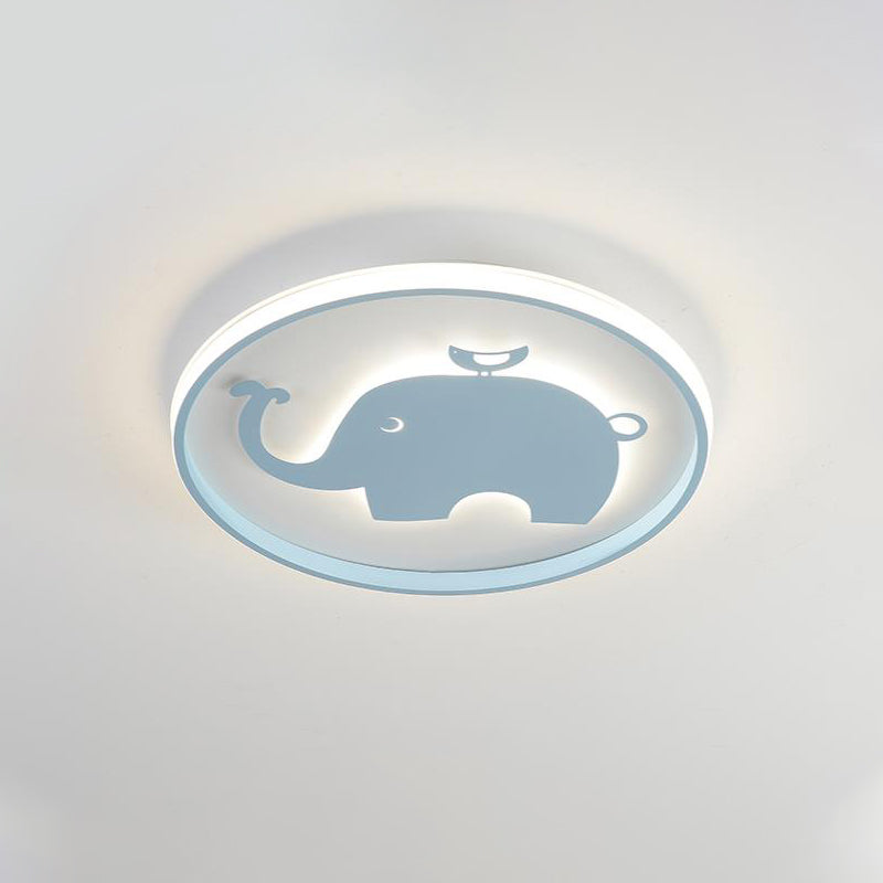 Ring Flush Lamp with Blue/Pink Horse/Elephant Design Metal Led Cartoon Ceiling Light for Children