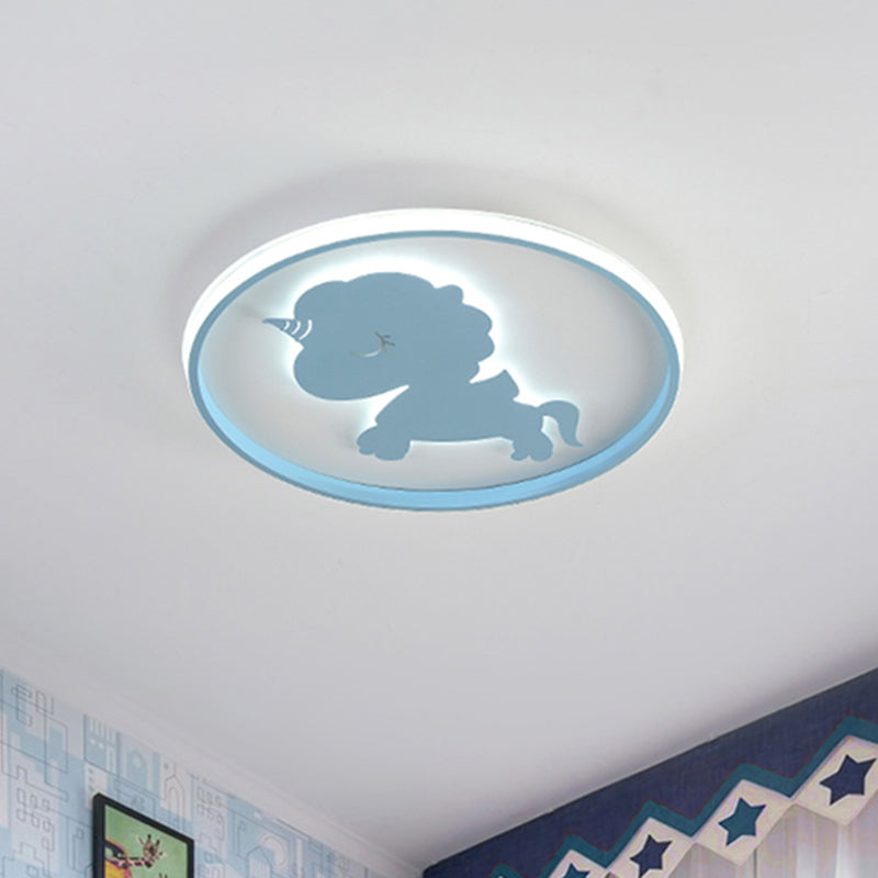 Ring-Flush-Lampe mit blau/rosa Pferd/Elefant-Design, Metall-LED-Cartoon-Deckenleuchte für Kinder