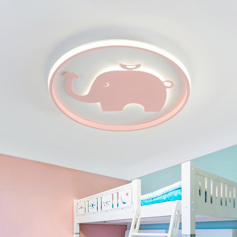 Ring Flush Lamp with Blue/Pink Horse/Elephant Design Metal Led Cartoon Ceiling Light for Children