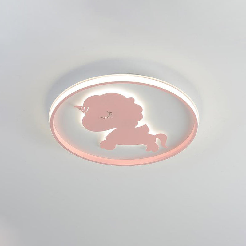 Ring Flush Lamp with Blue/Pink Horse/Elephant Design Metal Led Cartoon Ceiling Light for Children