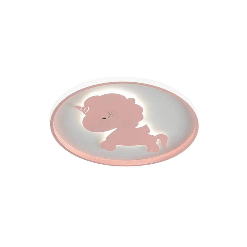 Ring-Flush-Lampe mit blau/rosa Pferd/Elefant-Design, Metall-LED-Cartoon-Deckenleuchte für Kinder