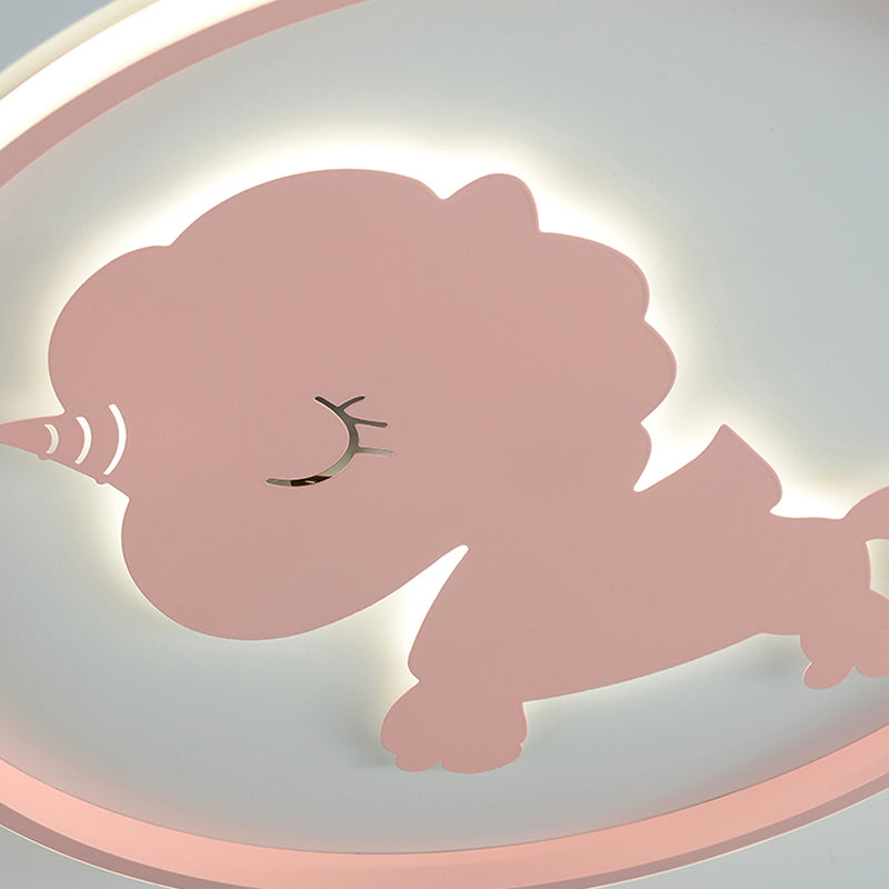 Ring-Flush-Lampe mit blau/rosa Pferd/Elefant-Design, Metall-LED-Cartoon-Deckenleuchte für Kinder