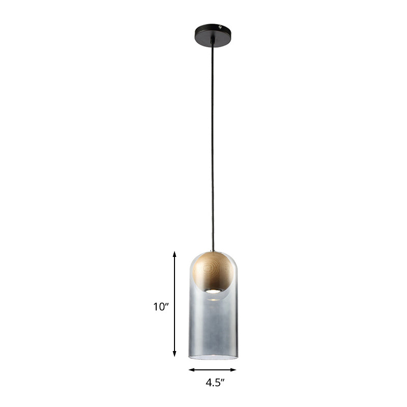 Cilindro Cilindro de lámpara de luz de humo moderno de vidrio gris comedor colgando con sombra de madera de globo en el interior
