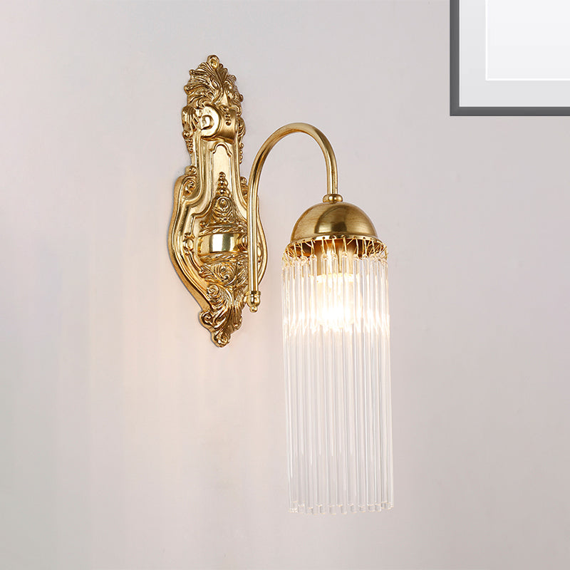 Tubular Corridor Wall Lighting Clear Crystal 1/2-Bulb Modern Style Sconce Lamp with Metal Gooseneck Arm in Gold