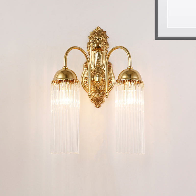 Tubular Corridor Wall Lighting Clear Crystal 1/2-Bulb Modern Style Sconce Lamp with Metal Gooseneck Arm in Gold