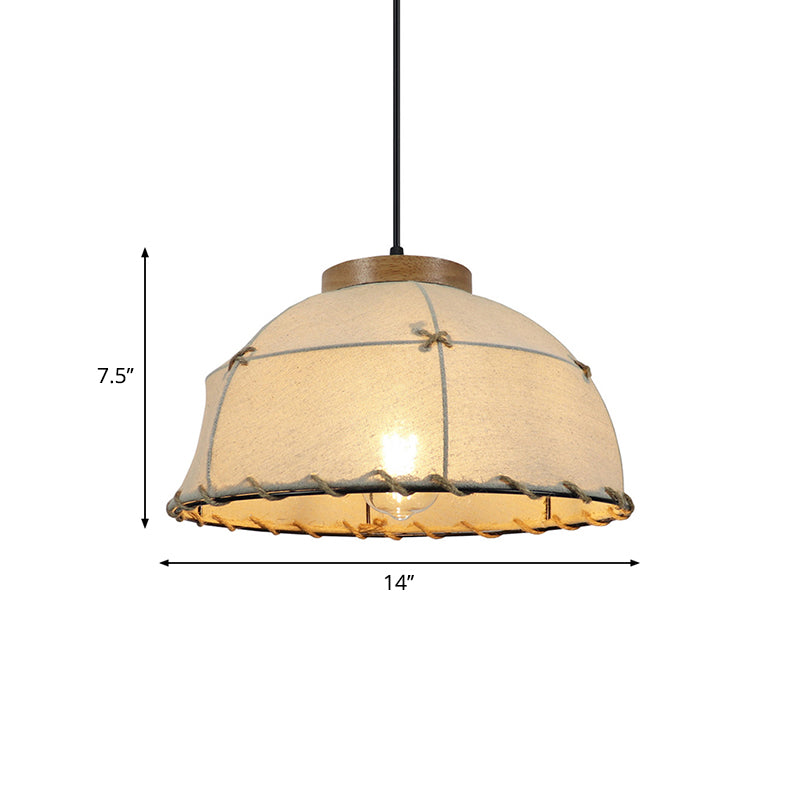 Dome Shade Ceiling Lamp Retro Stylish Fabric 1 Bulb Flaxen Hanging Pendant Light with Adjustable Cord, 14"/16" Dia