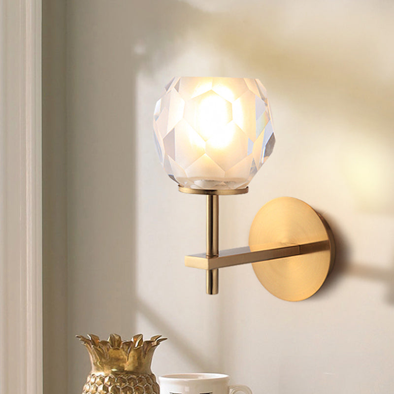 Faceted Globe Shade Wall Lamp Modern Stylish Clear Glass 1 Light Golden Wall Mounted Light for Hallway