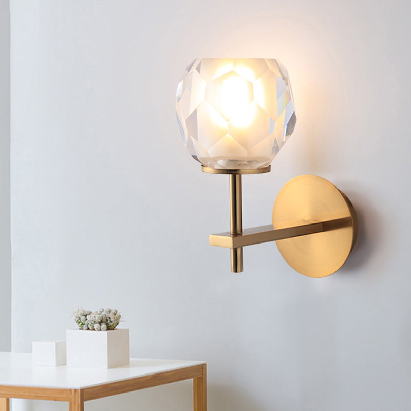 Faceted Globe Shade Wall Lamp Modern Stylish Clear Glass 1 Light Golden Wall Mounted Light for Hallway