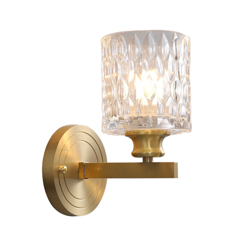 Cylindrical Wall Light Contemporary Stylish Clear Dimpled Glass 1 Bulb Golden Wall Sconce Fixture for Bedroom
