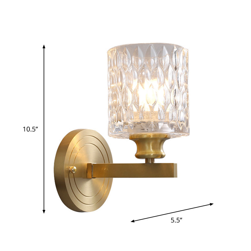 Cylindrical Wall Light Contemporary Stylish Clear Dimpled Glass 1 Bulb Golden Wall Sconce Fixture for Bedroom