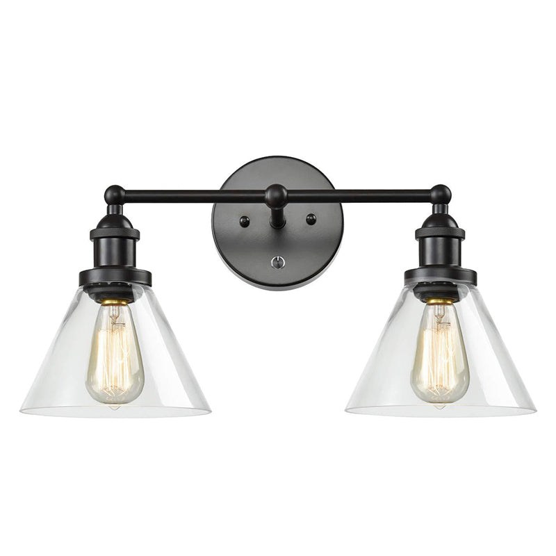 Conical Shade Industrial Wall Mounted Lamp 2 Lights Vanity Sconce in Clear Glass Cage