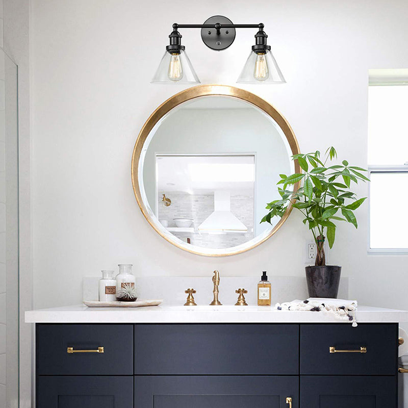 Conical Shade Industrial Wall Mounted Lamp 2 Lights Vanity Sconce in Clear Glass Cage