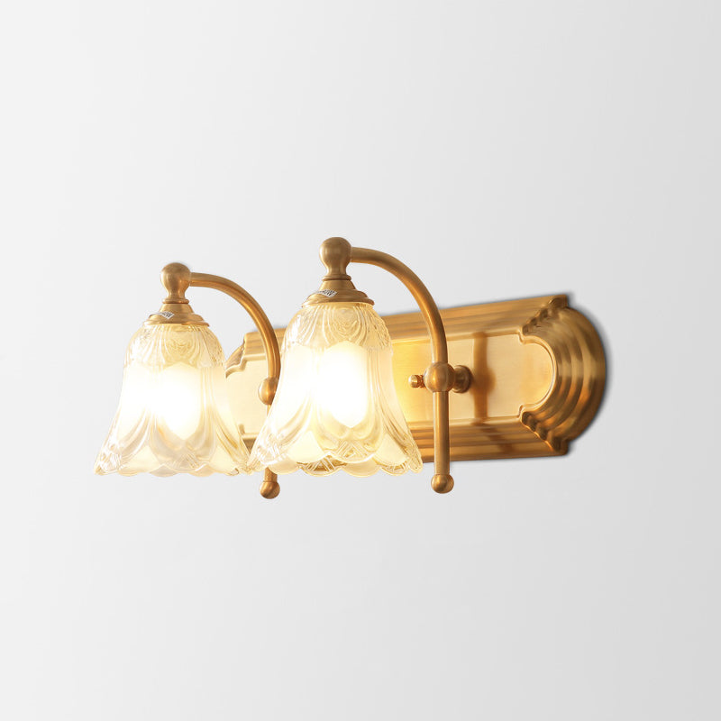 Bathroom Decoration Wall Light Sconce Brass Armed Wall Mounted Mirror Front in Ribbed Glass Shade