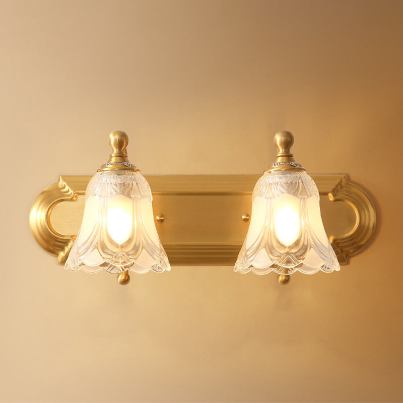 Bathroom Decoration Wall Light Sconce Brass Armed Wall Mounted Mirror Front in Ribbed Glass Shade