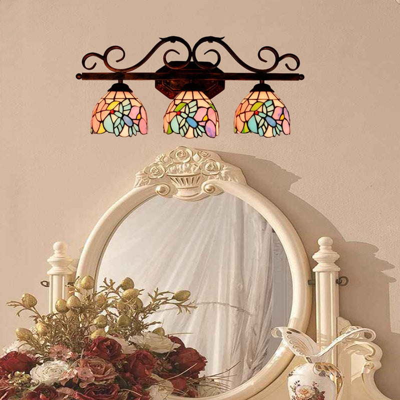 Vintage 3 Lichter Vanity Wandleuchte Tiffany Vanity Lampen Badezimmer mit mehrfarbigem Glasschirm
