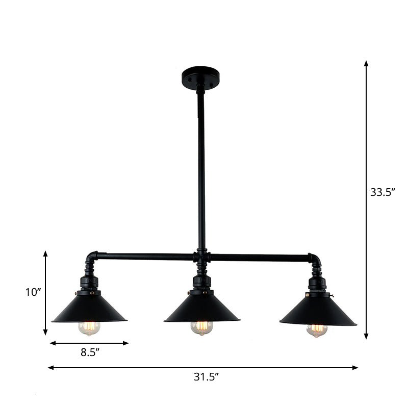 Black Conical Island Lighting Farmhouse Style 3 Bulbs Metallic Island Ceiling Light for Dining Room