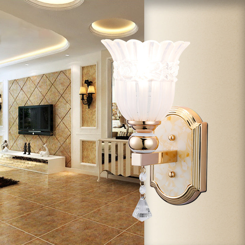 Frosted Glass Floral Wall Sconce Lamp Country Style 1 Bulb Gold Finish Wall Lighting Fixture for Corridor