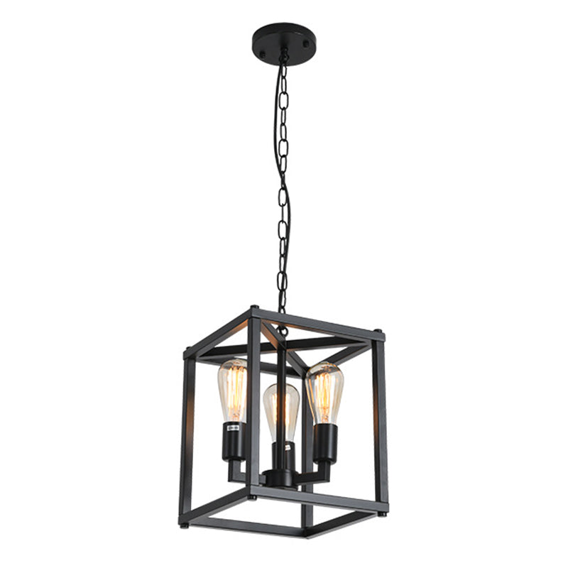 Black Cage Hanging Lamp Industrial Retro Metal Diner Pendant Chandelier in Square Shape