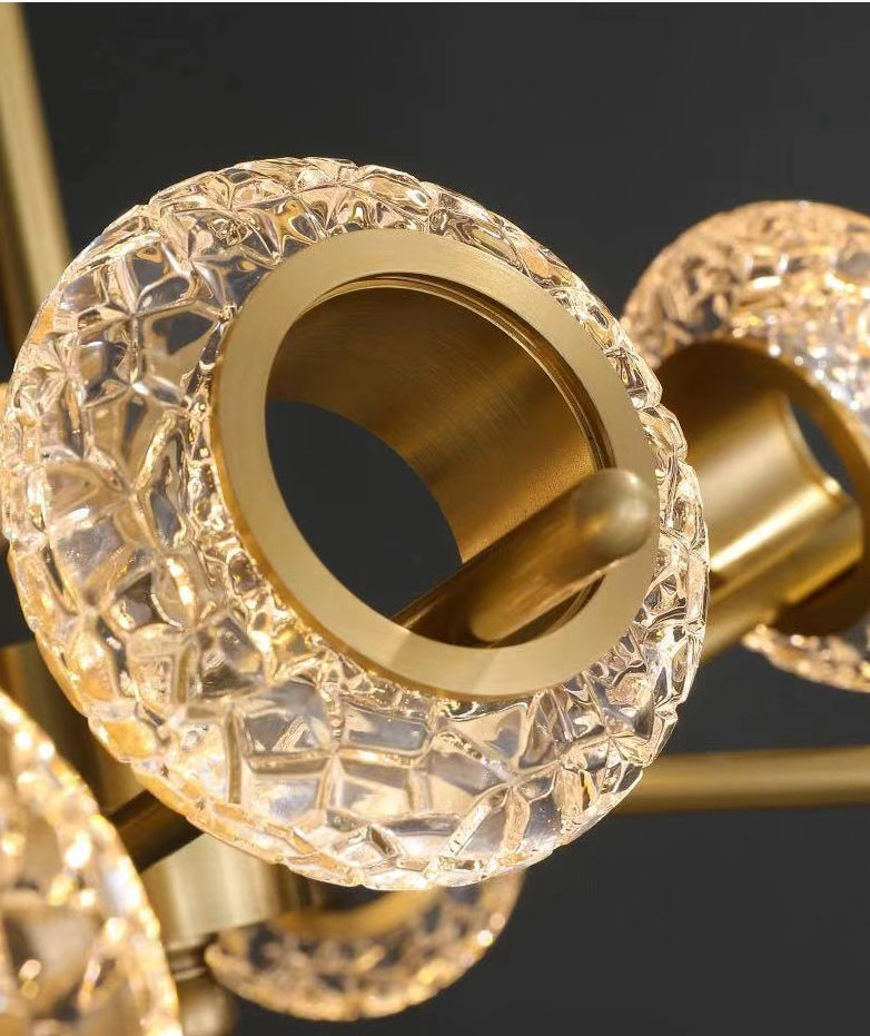 Crackled Crystal Glass Rings Pendant Lighting Postmodern Brass Finish Chandelier for Diner