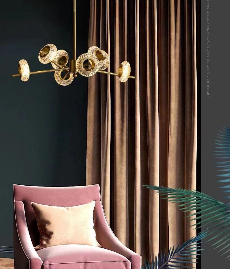 Crackled Crystal Glass Rings Pendant Lighting Postmodern Brass Finish Chandelier for Diner