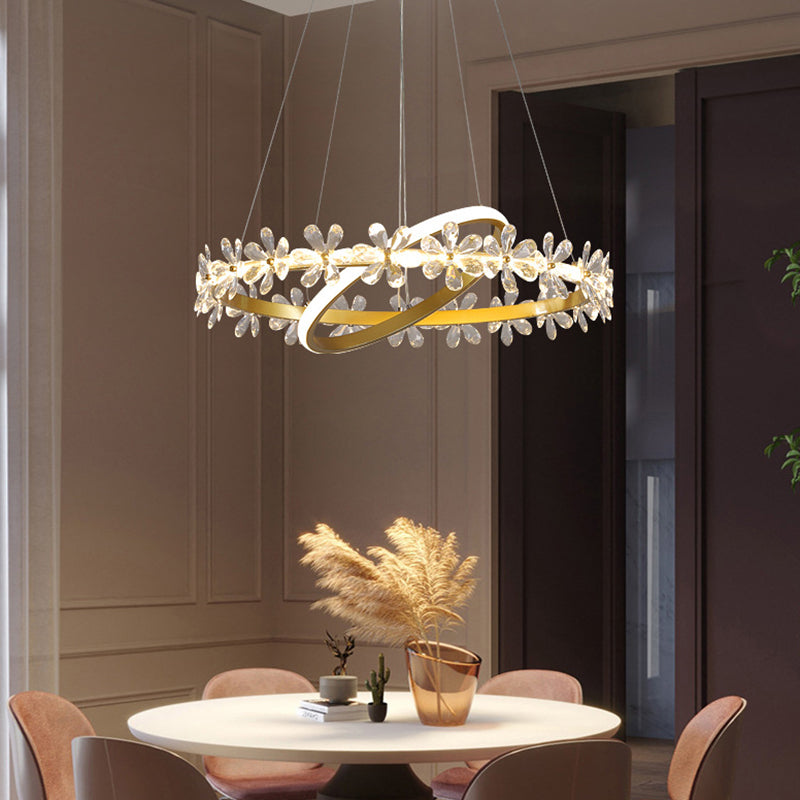 Gold Finish Wreath Pendant Light Minimalist Crystal LED Chandelier with Metal Ring