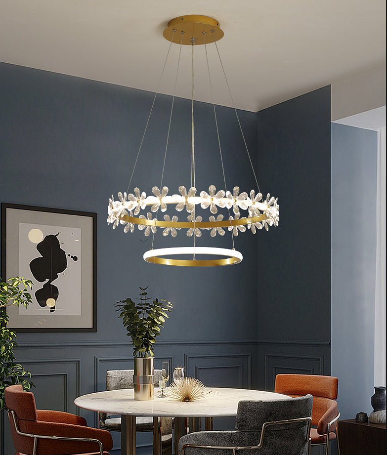 Gold Finish Wreath Pendant Light Minimalist Crystal LED Chandelier with Metal Ring