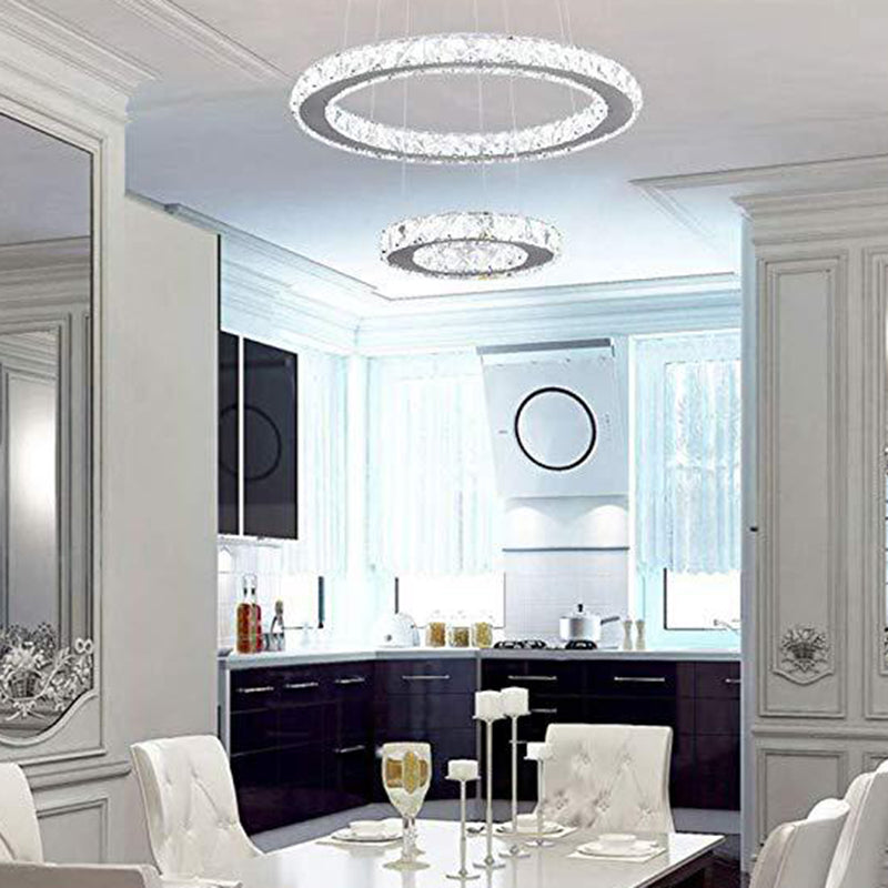 Faceted Crystal Circle LED Pendant Lighting Simplicity Stainless Steel Chandelier for Dining Room