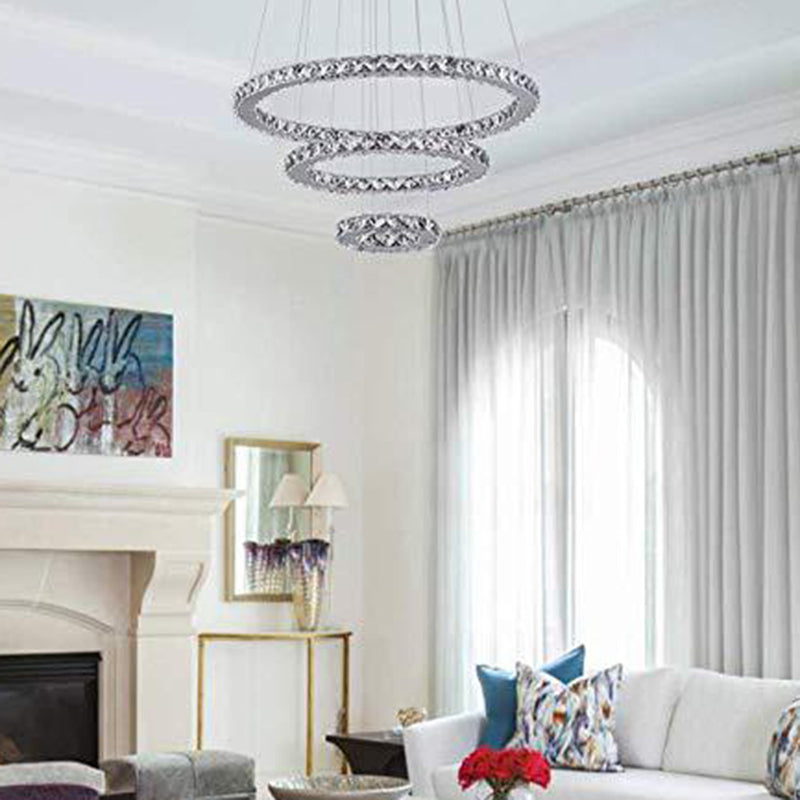 Faceted Crystal Circle LED Pendant Lighting Simplicity Stainless Steel Chandelier for Dining Room