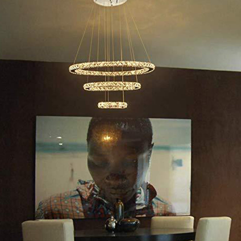 Faceted Crystal Circle LED Pendant Lighting Simplicity Stainless Steel Chandelier for Dining Room