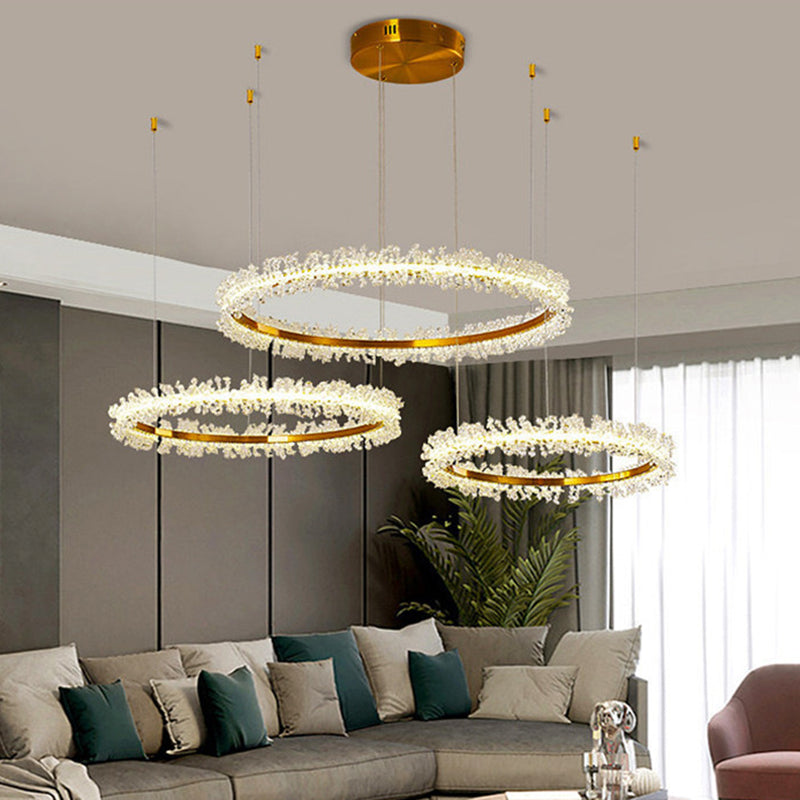 Simple Stylish Ring Pendant Chandelier Flower Crystal Living Room LED Hanging Light in Gold