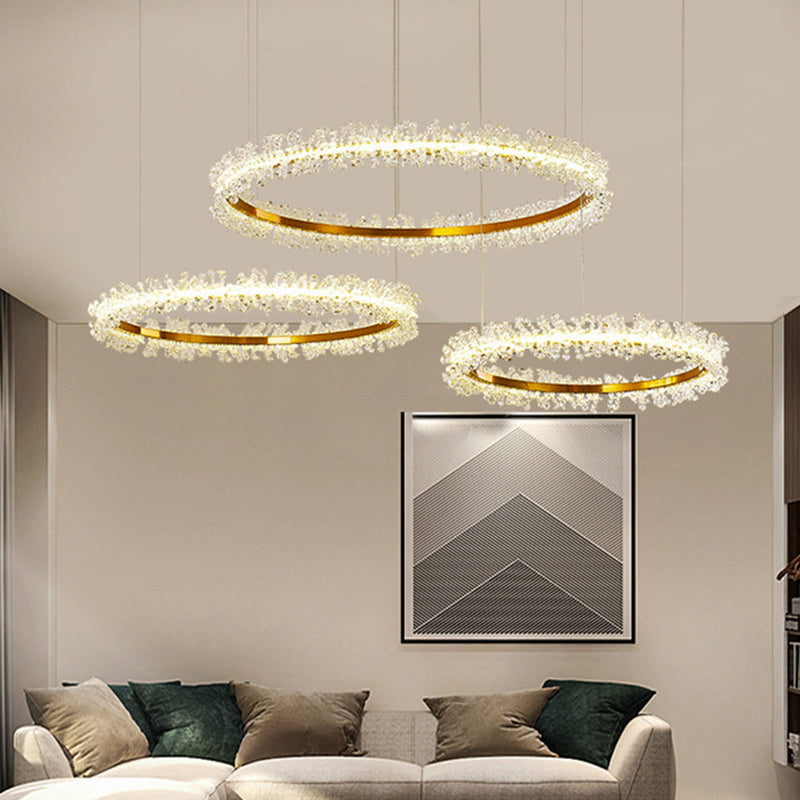Simple Stylish Ring Pendant Chandelier Flower Crystal Living Room LED Hanging Light in Gold