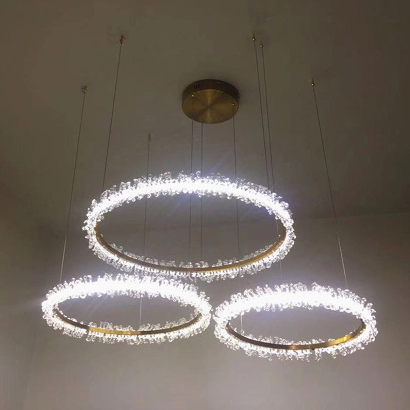 Simple Stylish Ring Pendant Chandelier Flower Crystal Living Room LED Hanging Light in Gold