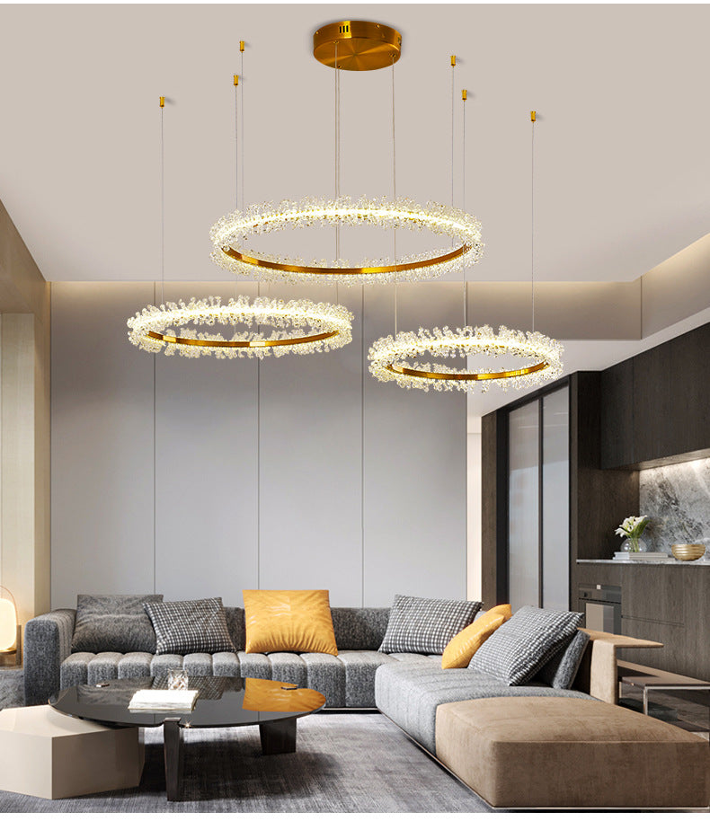 Simple Stylish Ring Pendant Chandelier Flower Crystal Living Room LED Hanging Light in Gold