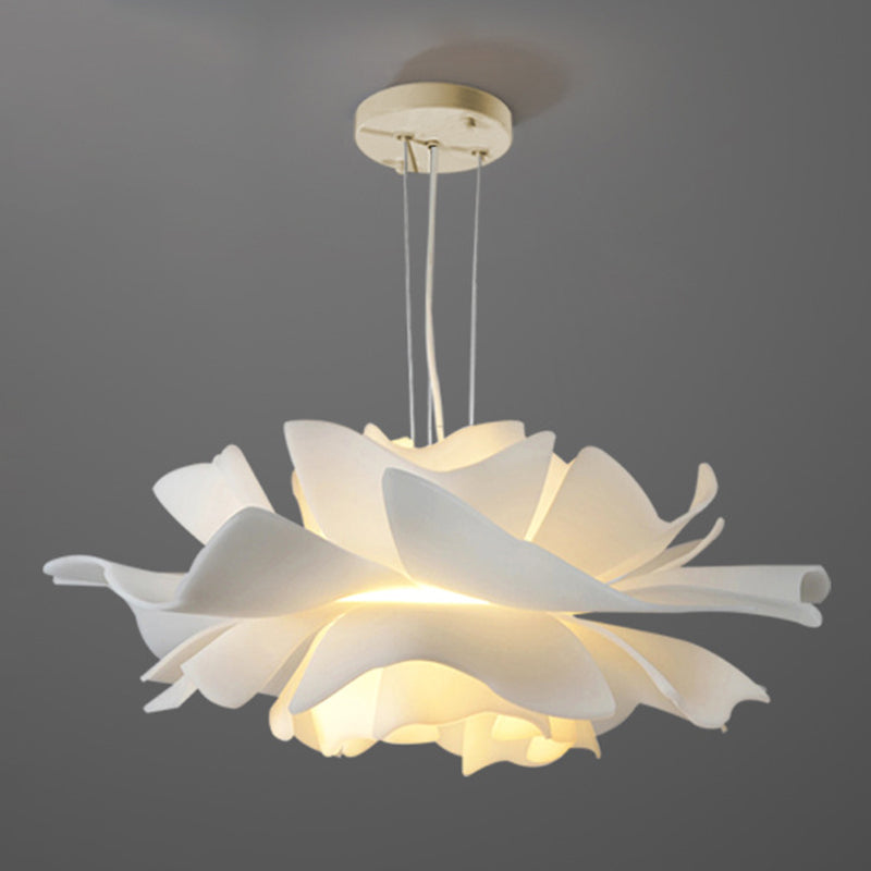 Tulle-Like Floral Chandelier Decorative Plastic Cafe LED Suspension Lighting Fixture in White