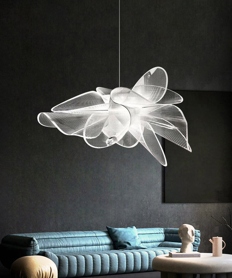 Tulle-Like Floral Chandelier Decorative Plastic Cafe LED Suspension Lighting Fixture in White