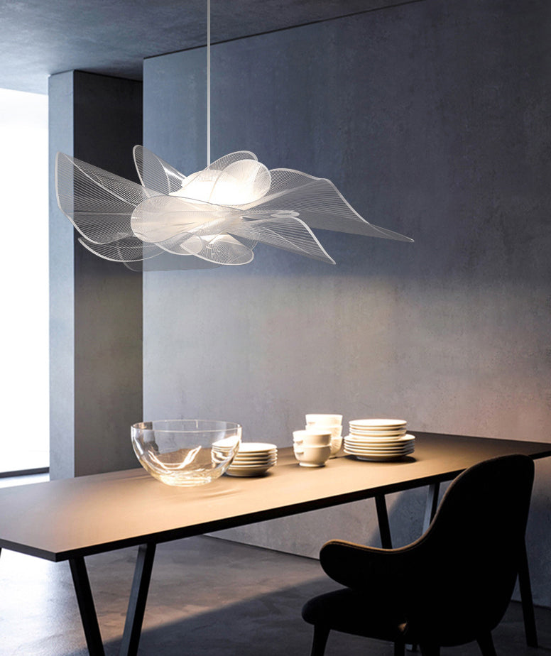 Tulle-Like Floral Chandelier Decorative Plastic Cafe LED Suspension Lighting Fixture in White
