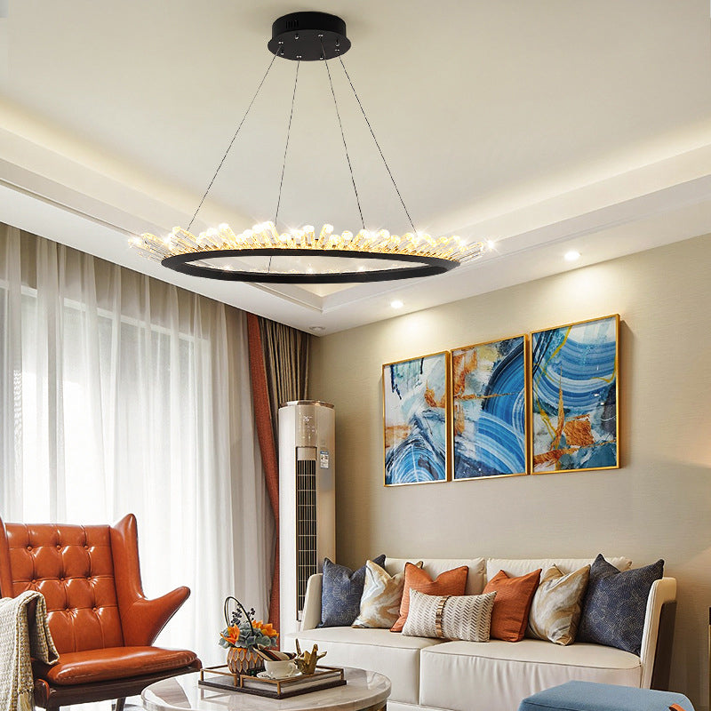 Minimalist Ring-Shape LED Chandelier Crystal Stick Living Room Hanging Light in Black