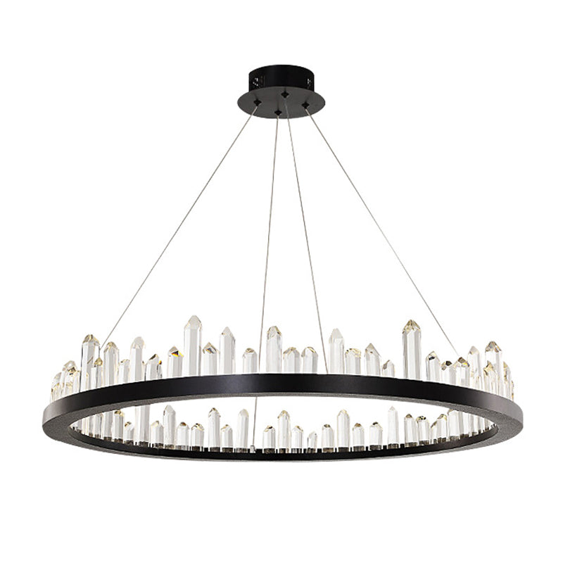 Minimalist Ring-Shape LED Chandelier Crystal Stick Living Room Hanging Light in Black