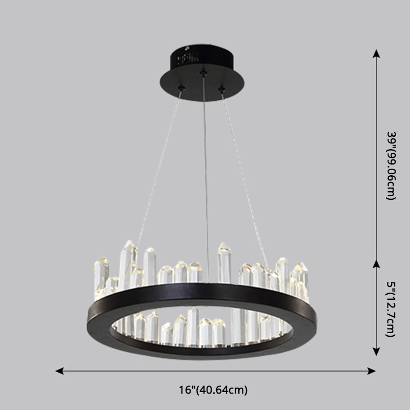 Minimalist Ring-Shape LED Chandelier Crystal Stick Living Room Hanging Light in Black