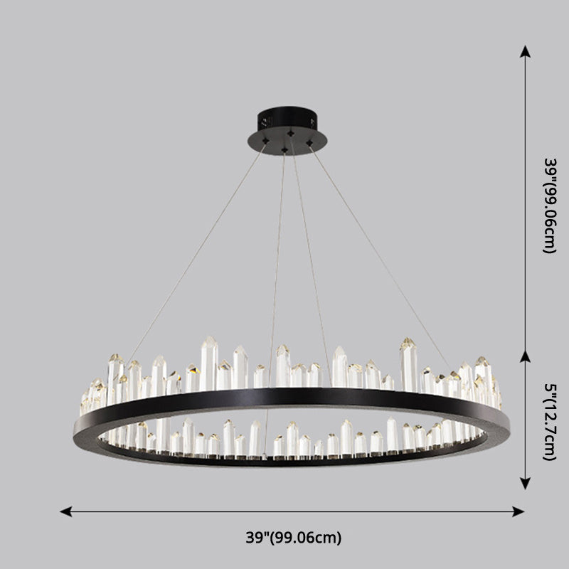 Minimalist Ring-Shape LED Chandelier Crystal Stick Living Room Hanging Light in Black