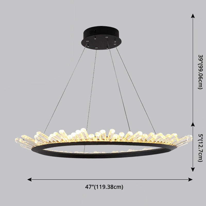 Minimalist Ring-Shape LED Chandelier Crystal Stick Living Room Hanging Light in Black
