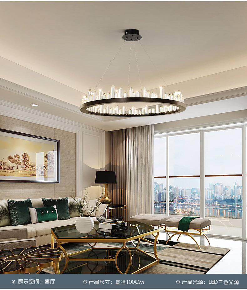 Minimalist Ring-Shape LED Chandelier Crystal Stick Living Room Hanging Light in Black