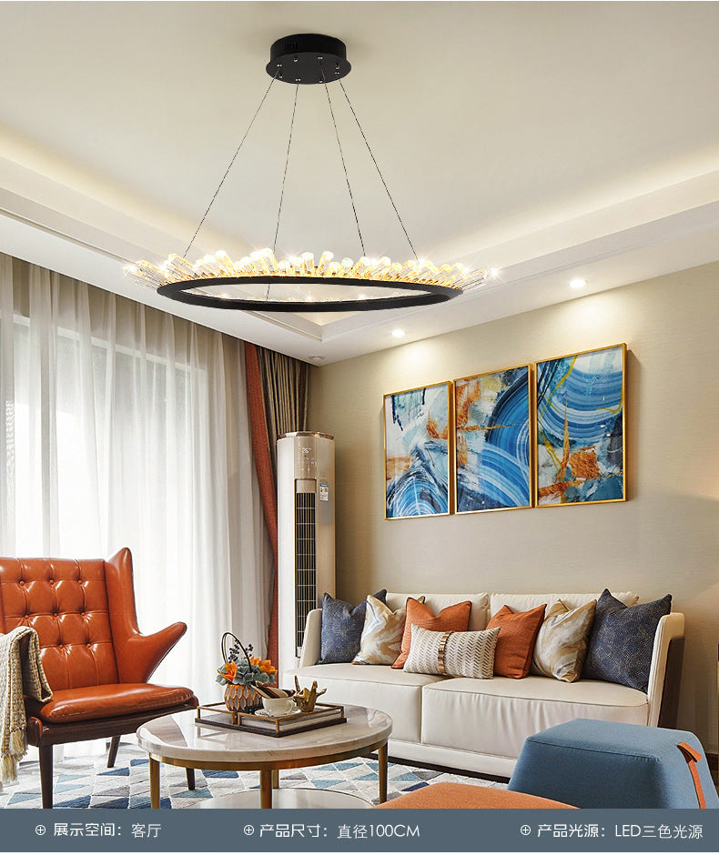 Minimalist Ring-Shape LED Chandelier Crystal Stick Living Room Hanging Light in Black