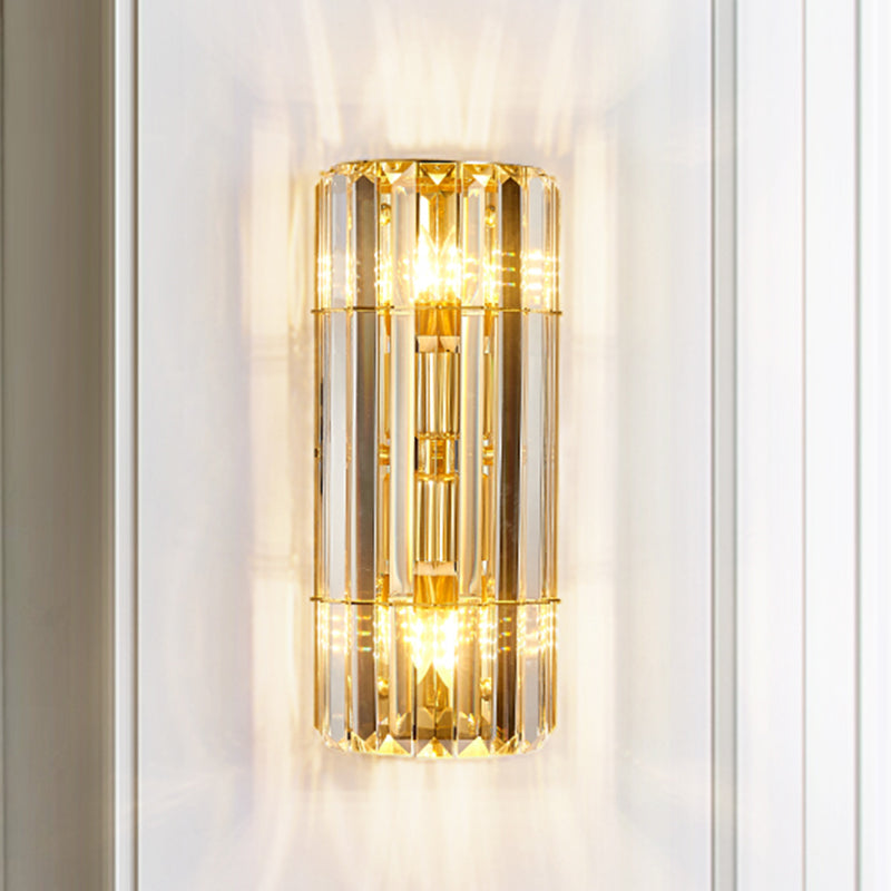 Cylindrical Sconce Lighting Vintage Style Clear Crystal 2/3-Heads Golden Wall Mounted Lamp for Hallway