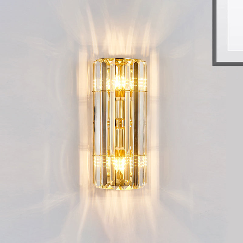 Cylindrical Sconce Lighting Vintage Style Clear Crystal 2/3-Heads Golden Wall Mounted Lamp for Hallway