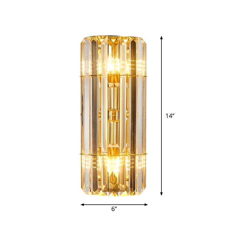 Cylindrical Sconce Lighting Vintage Style Clear Crystal 2/3-Heads Golden Wall Mounted Lamp for Hallway
