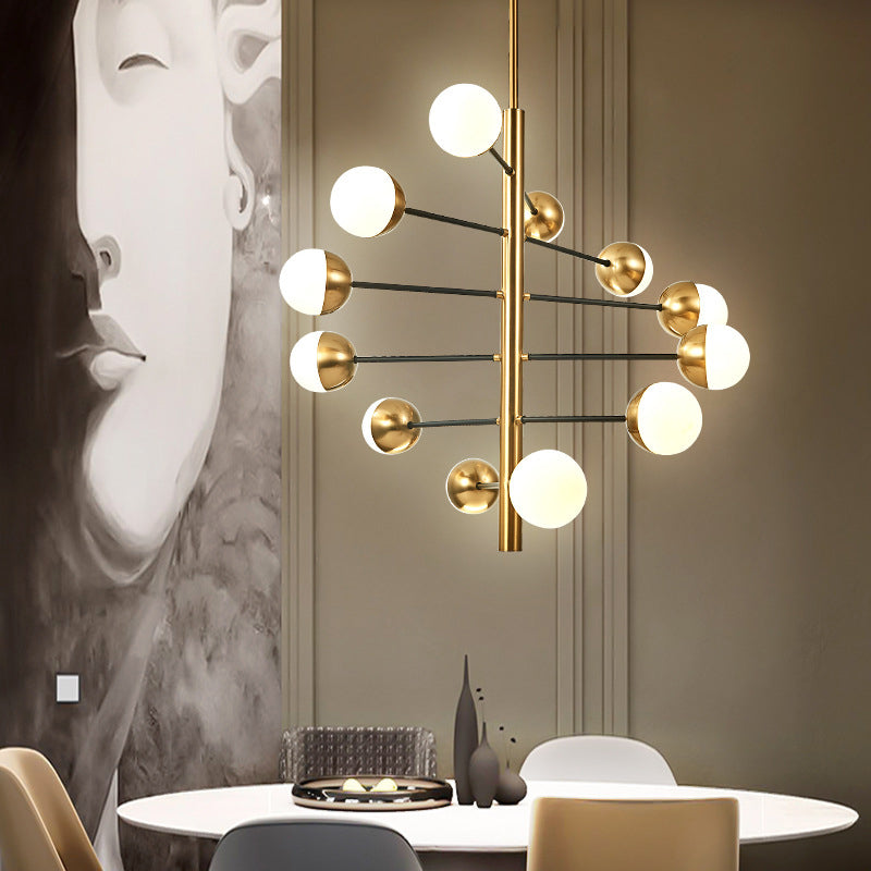 Gold Vertical Pendant Chandelier Postmodern Opal Ball Glass Hanging Light for Dining Room