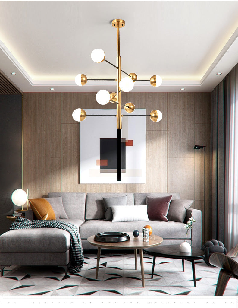 Gold Vertical Pendant Chandelier Postmodern Opal Ball Glass Hanging Light for Dining Room