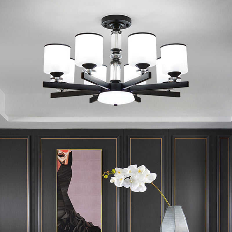 Milky Glass Cup Chandelier Modern Style Black Finish Hanging Light for Living Room